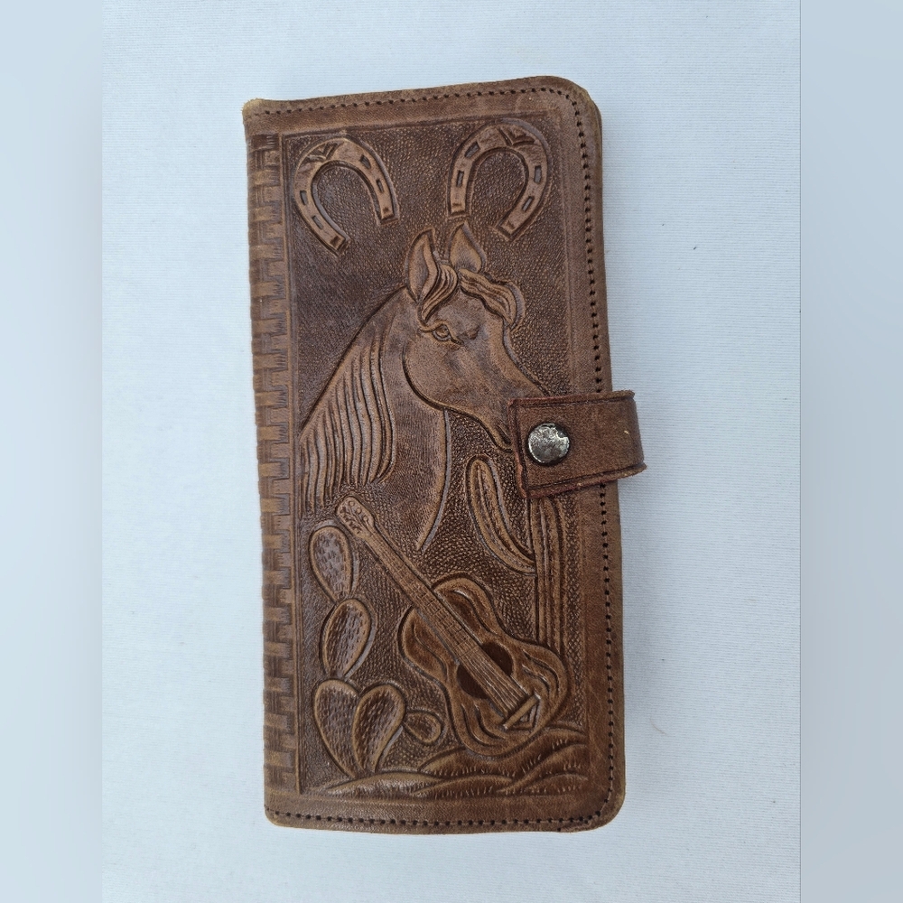 Vintage Hand Tooled Leather Bill Fold Wallet Aztec Mayan Handmade Mexico Brown